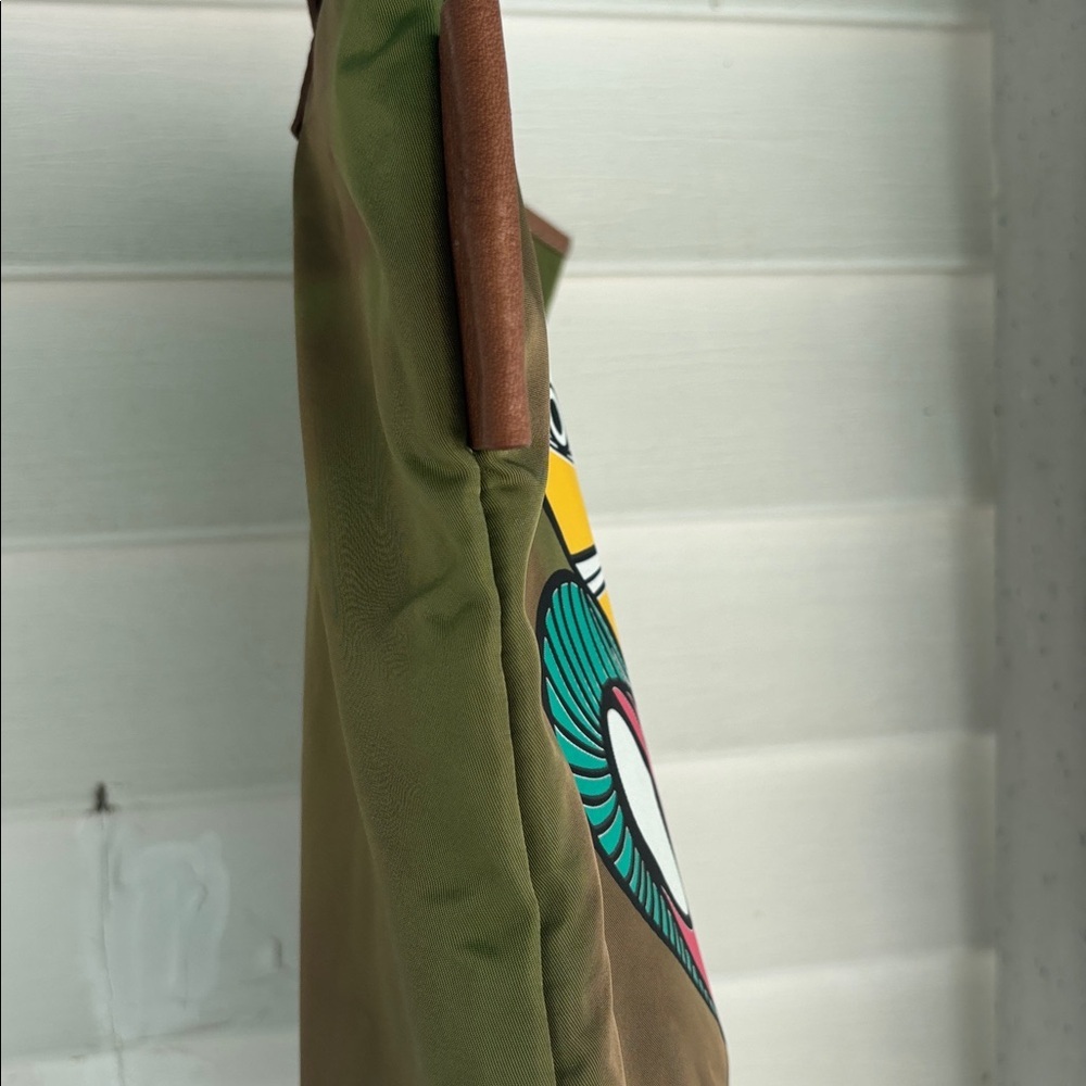 COCCINELLE BRAND MADE IN ITALY OLIVE GREEN AND BROWN SATIN LIKE CANVAS TOTE BAG - Picture 5 of 12
